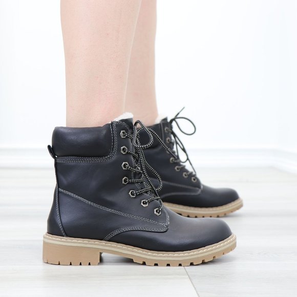 Sherpa Lined Woman's Faux Leather Lug-Sole Combat Ankle Boots - Picture 9 of 13